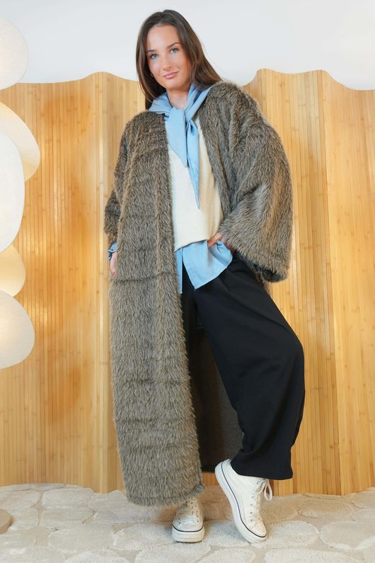 Holland Shaggy Longline Duster Jacket Earth